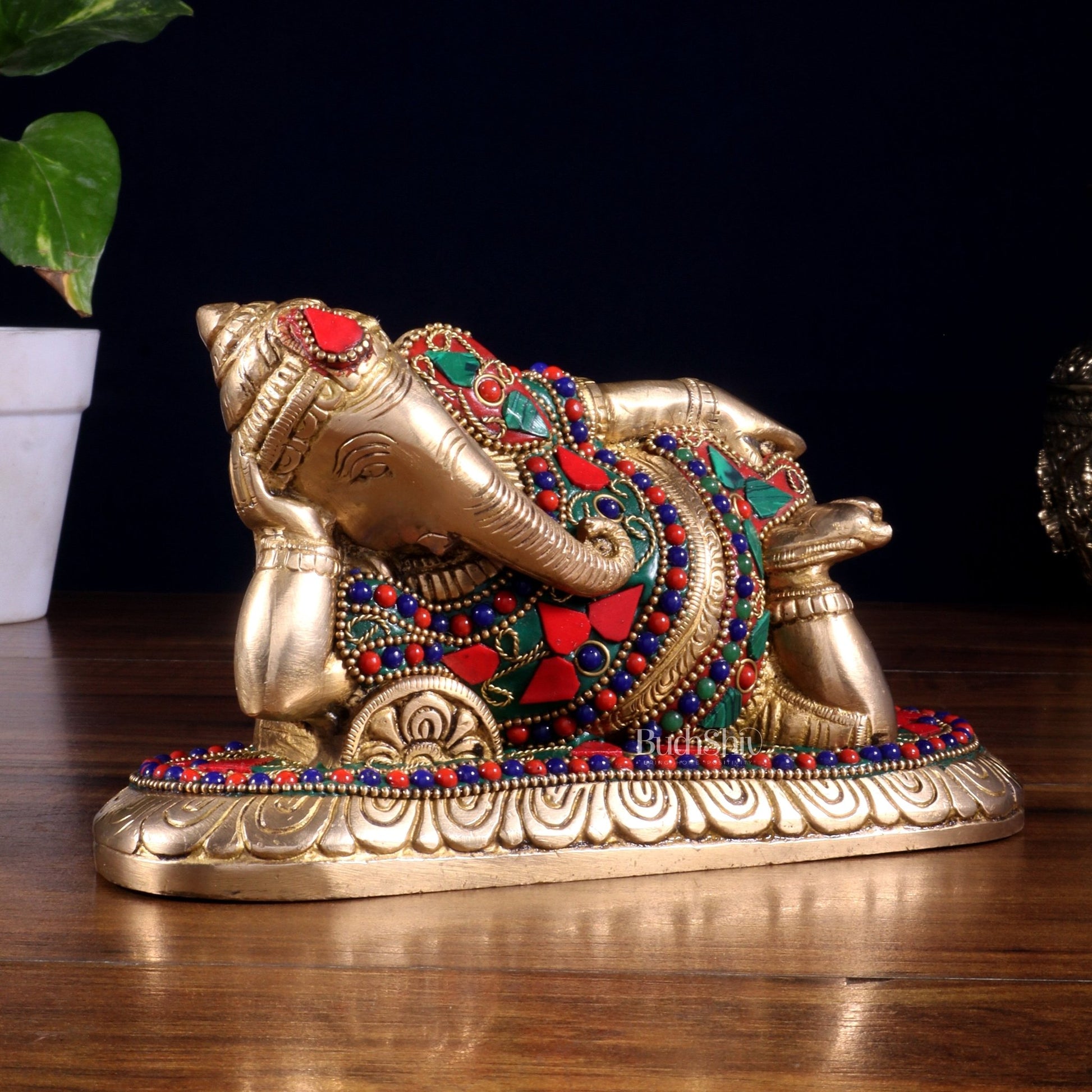 Brass Resting Lord Ganesha Statue 7.5" floral stonework - Budhshiv.com