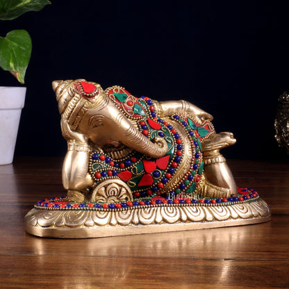Brass Resting Lord Ganesha Statue 7.5" floral stonework - Budhshiv.com