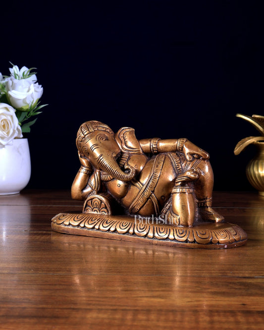 Brass Resting Lord Ganesha Statue 7.5" matte finish - Budhshiv.com