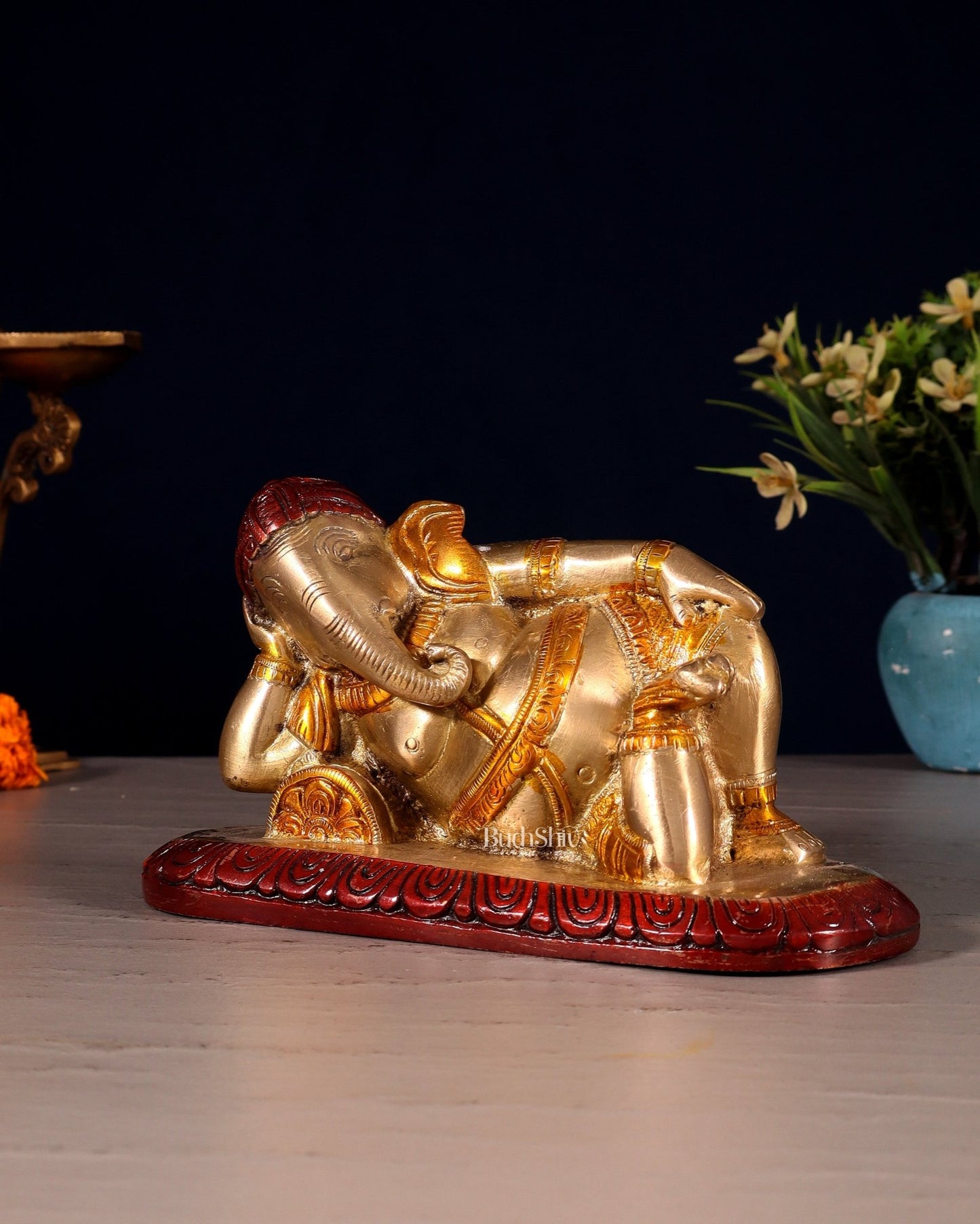 Brass Resting Lord Ganesha Statue 7.5" three tone - Budhshiv.com