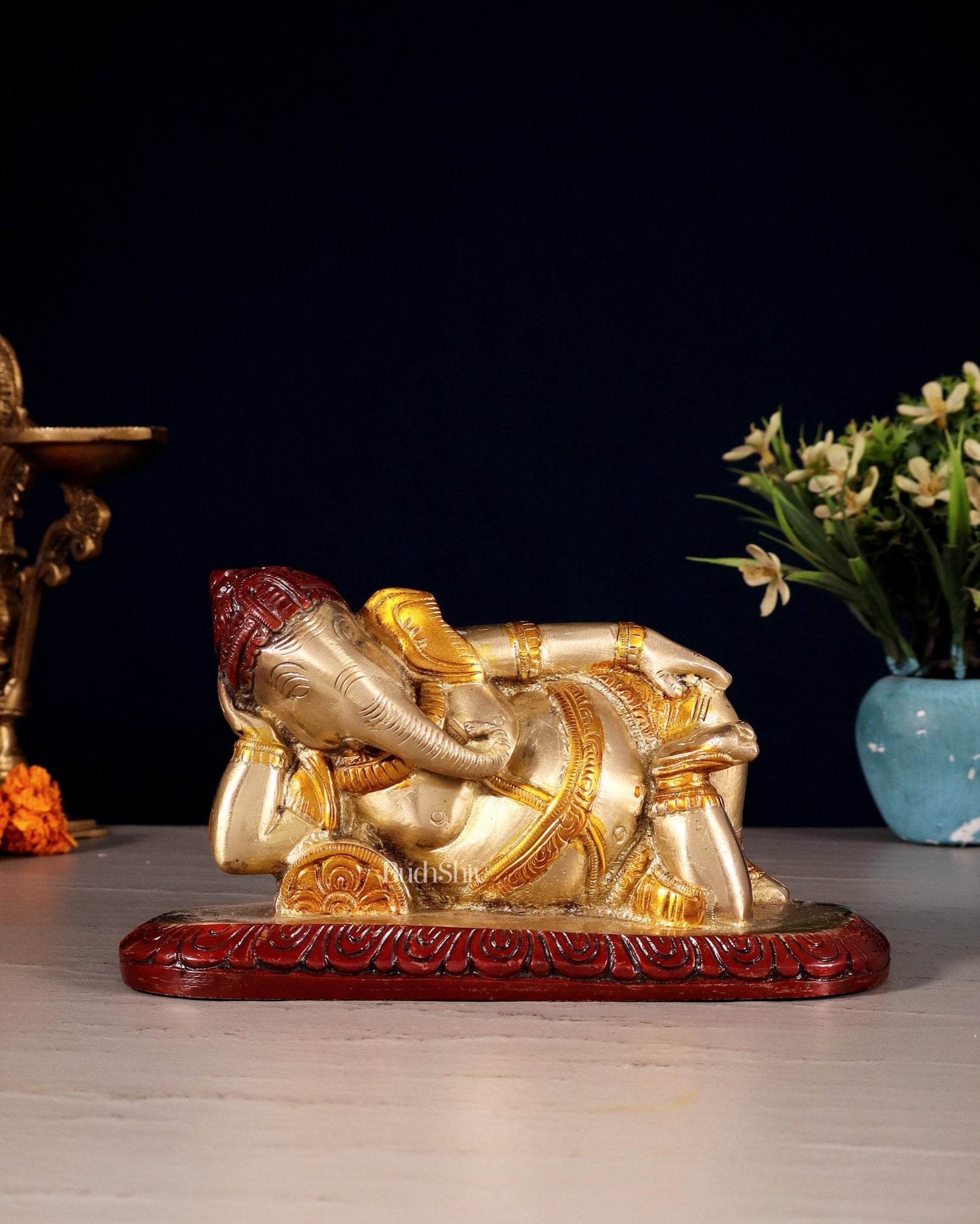 Brass Resting Lord Ganesha Statue 7.5" three tone - Budhshiv.com