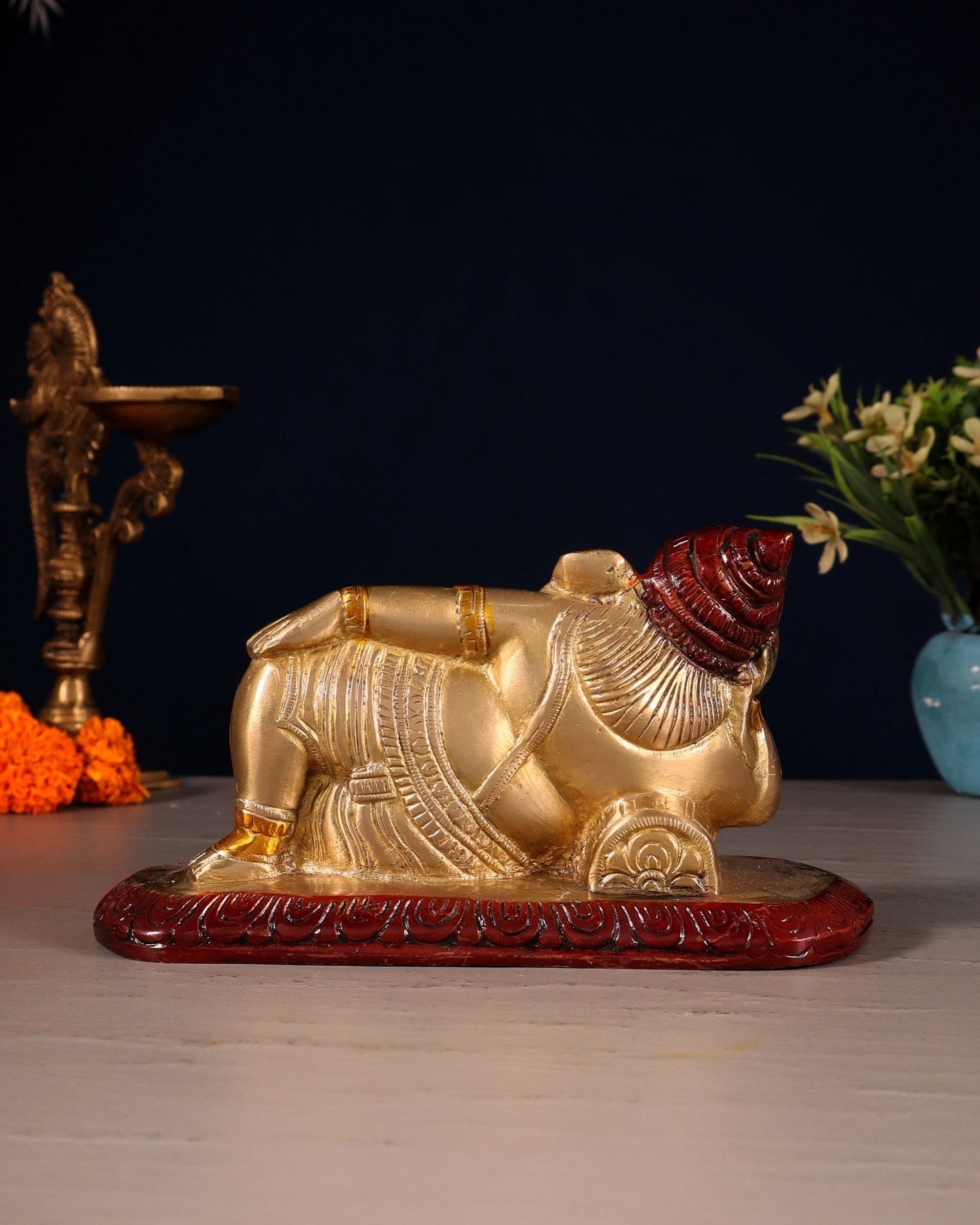 Brass Resting Lord Ganesha Statue 7.5" three tone - Budhshiv.com