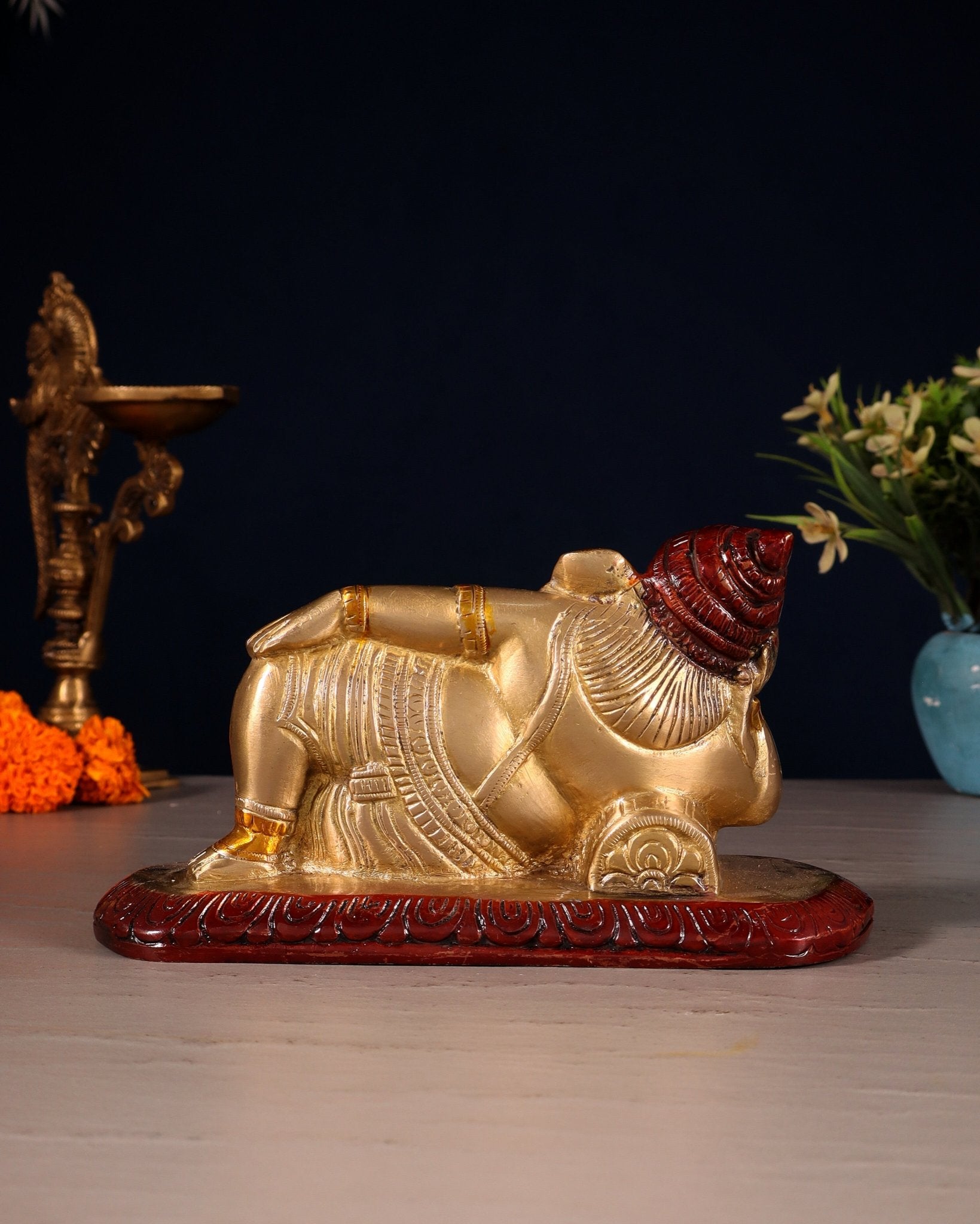 Brass Resting Lord Ganesha Statue 7.5" three tone - Budhshiv.com