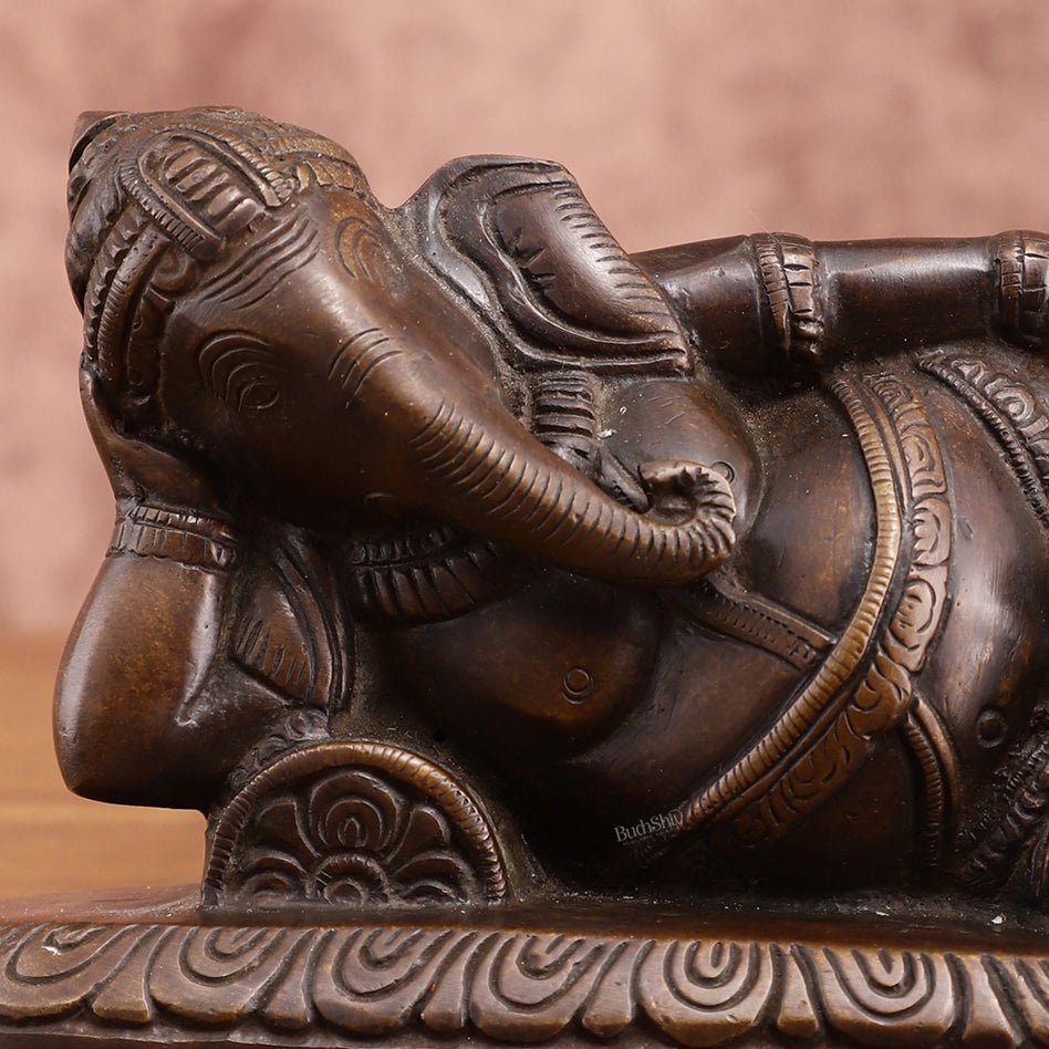 Brass Resting Lord Ganesha Statue – Burnt copper Finish, 7.5 Inch, Vintage Design - Budhshiv.com