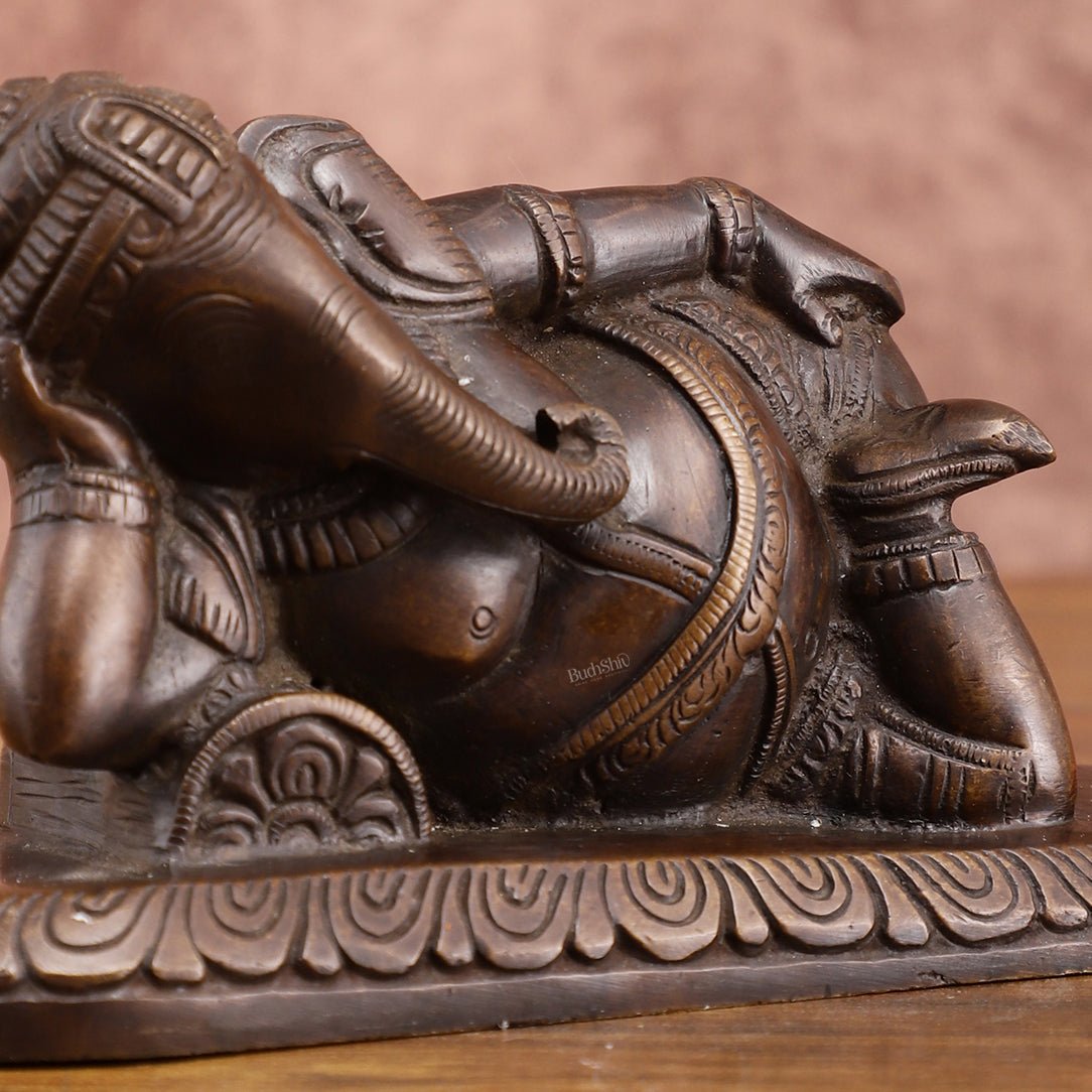 Brass Resting Lord Ganesha Statue – Burnt copper Finish, 7.5 Inch, Vintage Design - Budhshiv.com