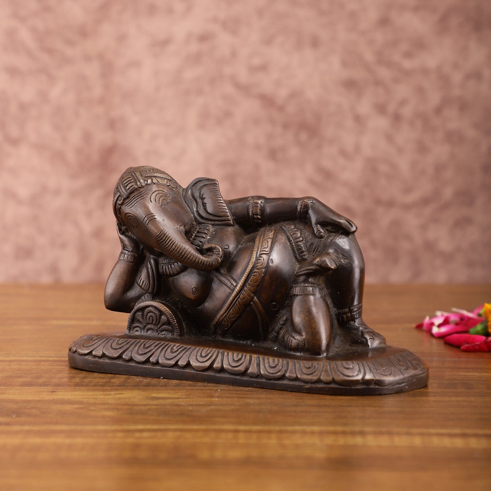 Brass Resting Lord Ganesha Statue – Burnt copper Finish, 7.5 Inch, Vintage Design - Budhshiv.com
