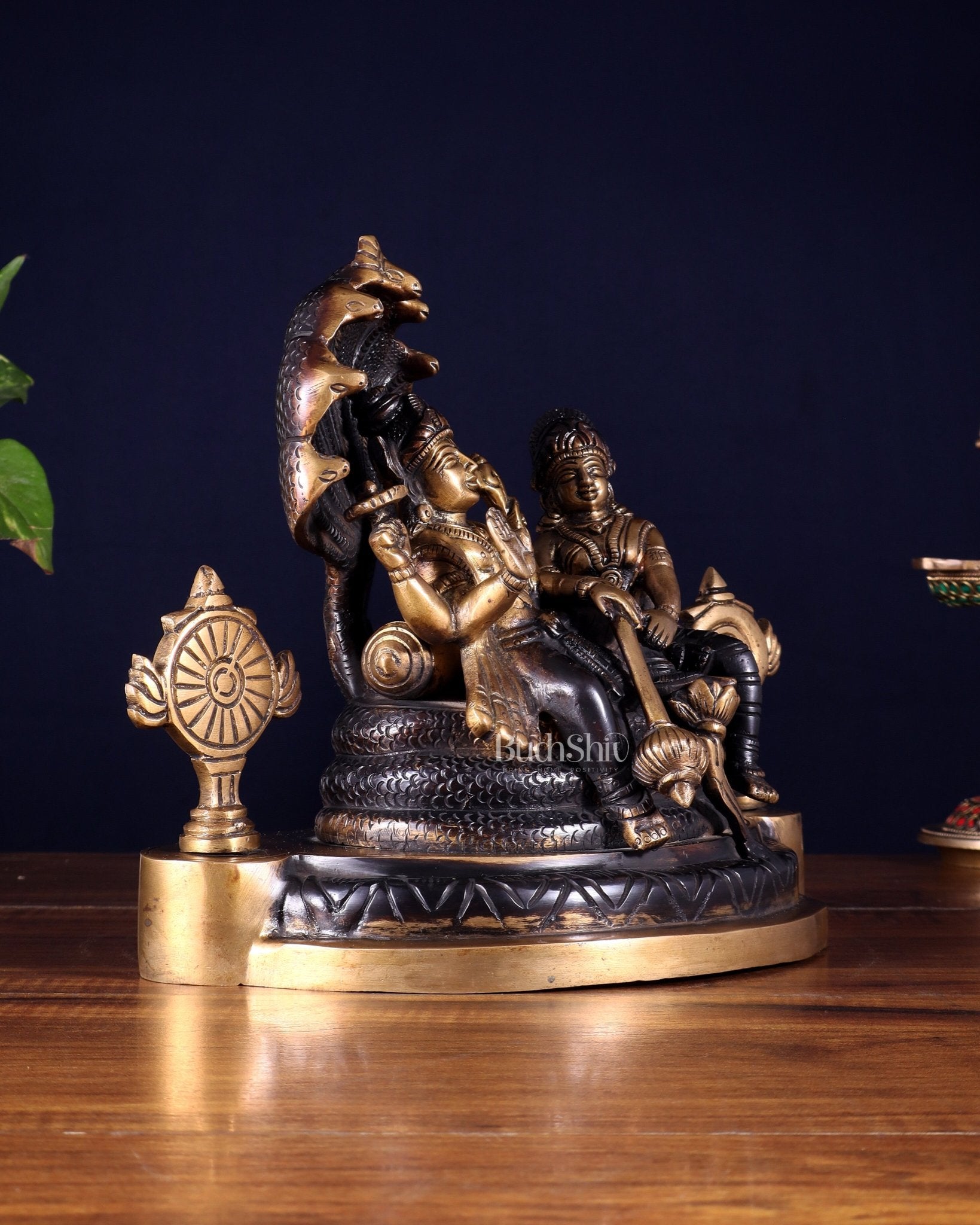 Brass Resting Vishnu Lakshmi Narayan with Shankh Chakra Statue - 8.5 Inch - Budhshiv.com