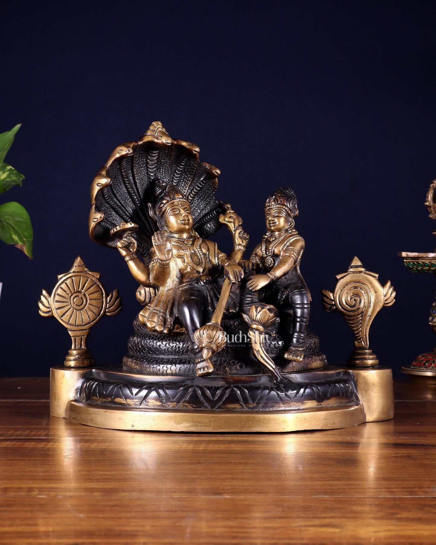 Brass Resting Vishnu Lakshmi Narayan with Shankh Chakra Statue - 8.5 Inch - Budhshiv.com