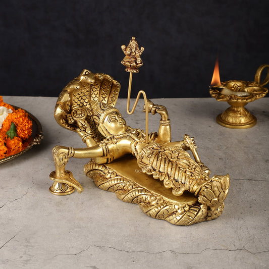 Brass Resting Vishnu with bhrama and Shiv ling - Budhshiv.com