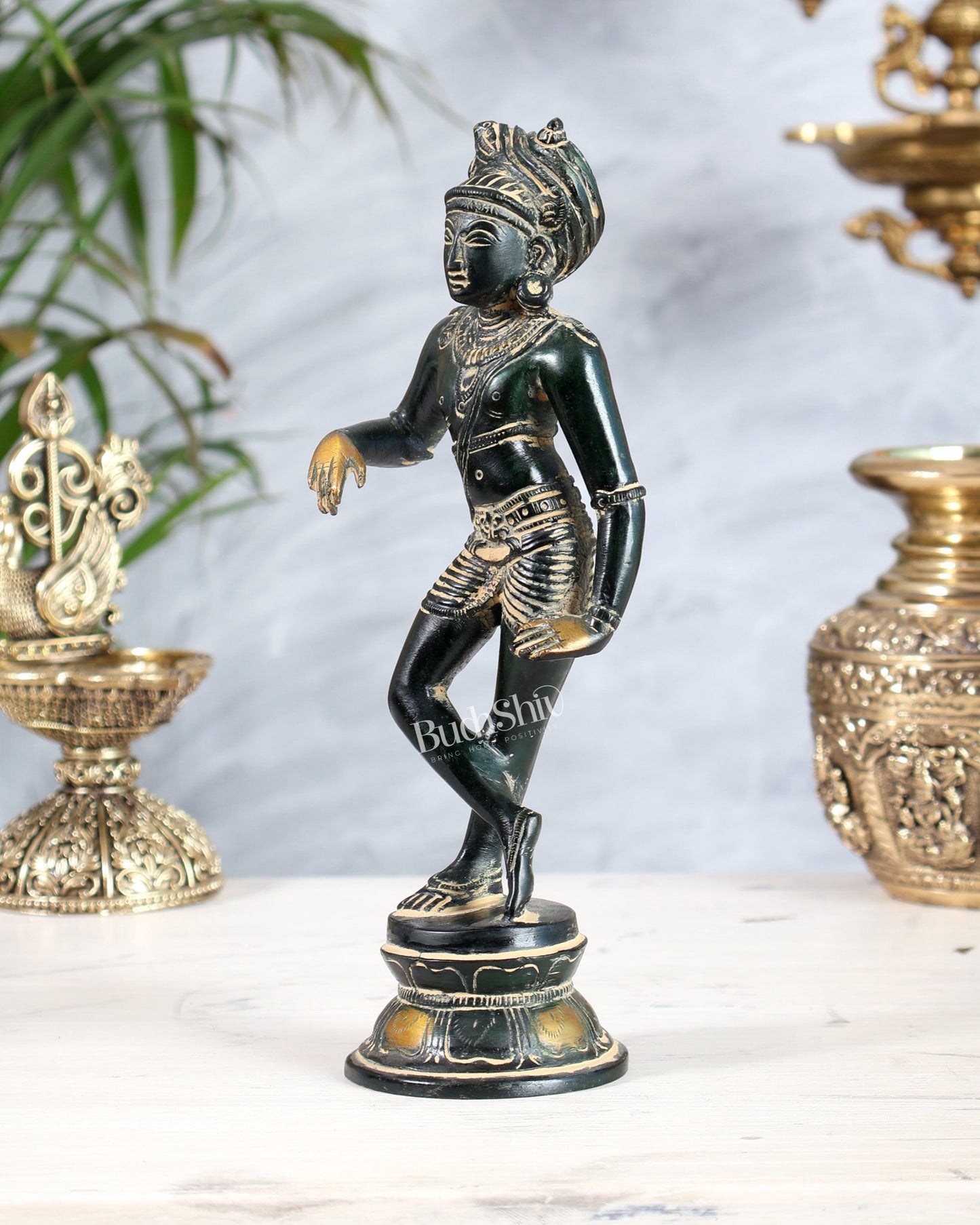 Brass Rishabhvahana Shiva Statue – Green Mud Finish 8.5" - Budhshiv.com