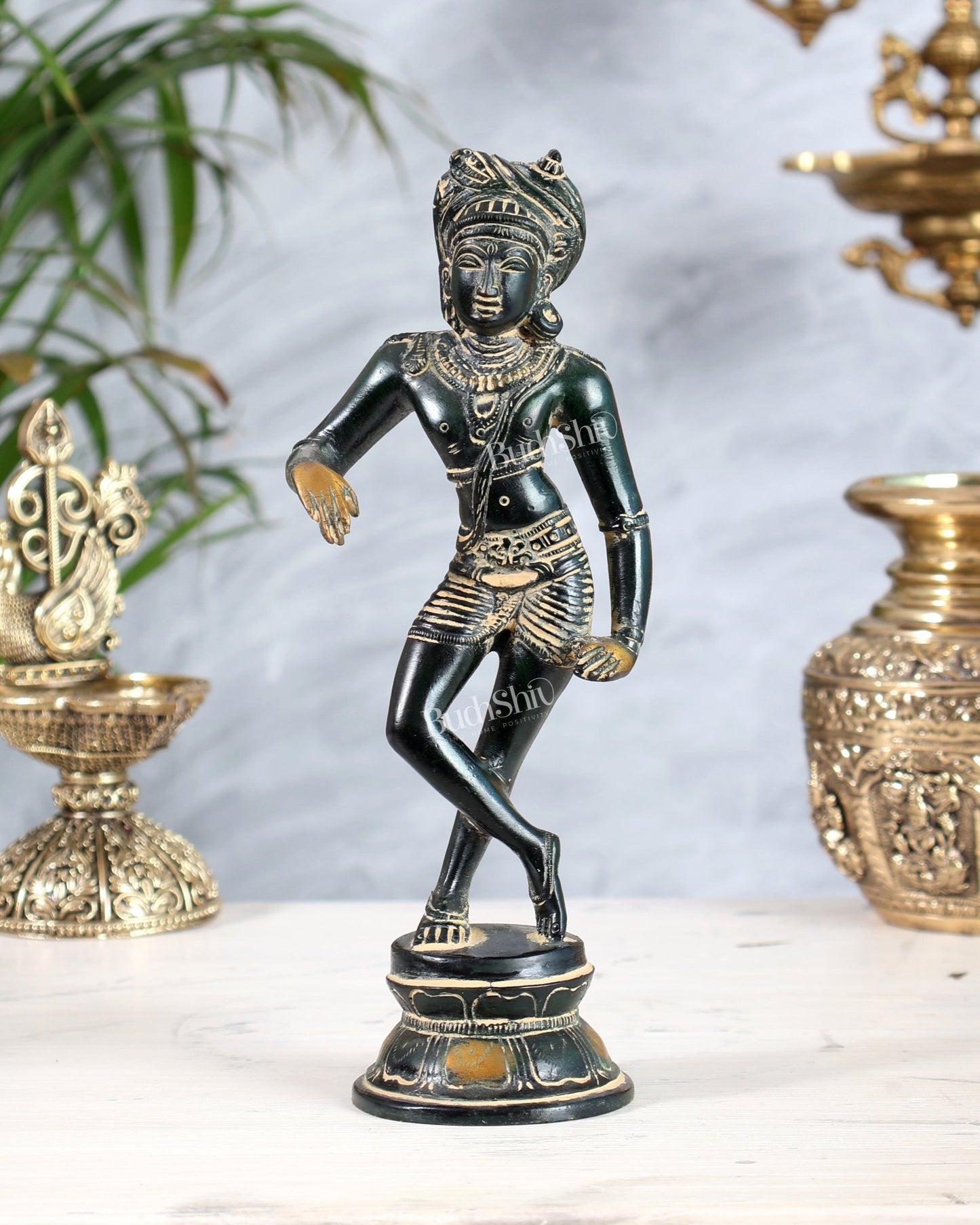 Brass Rishabhvahana Shiva Statue – Green Mud Finish 8.5" - Budhshiv.com