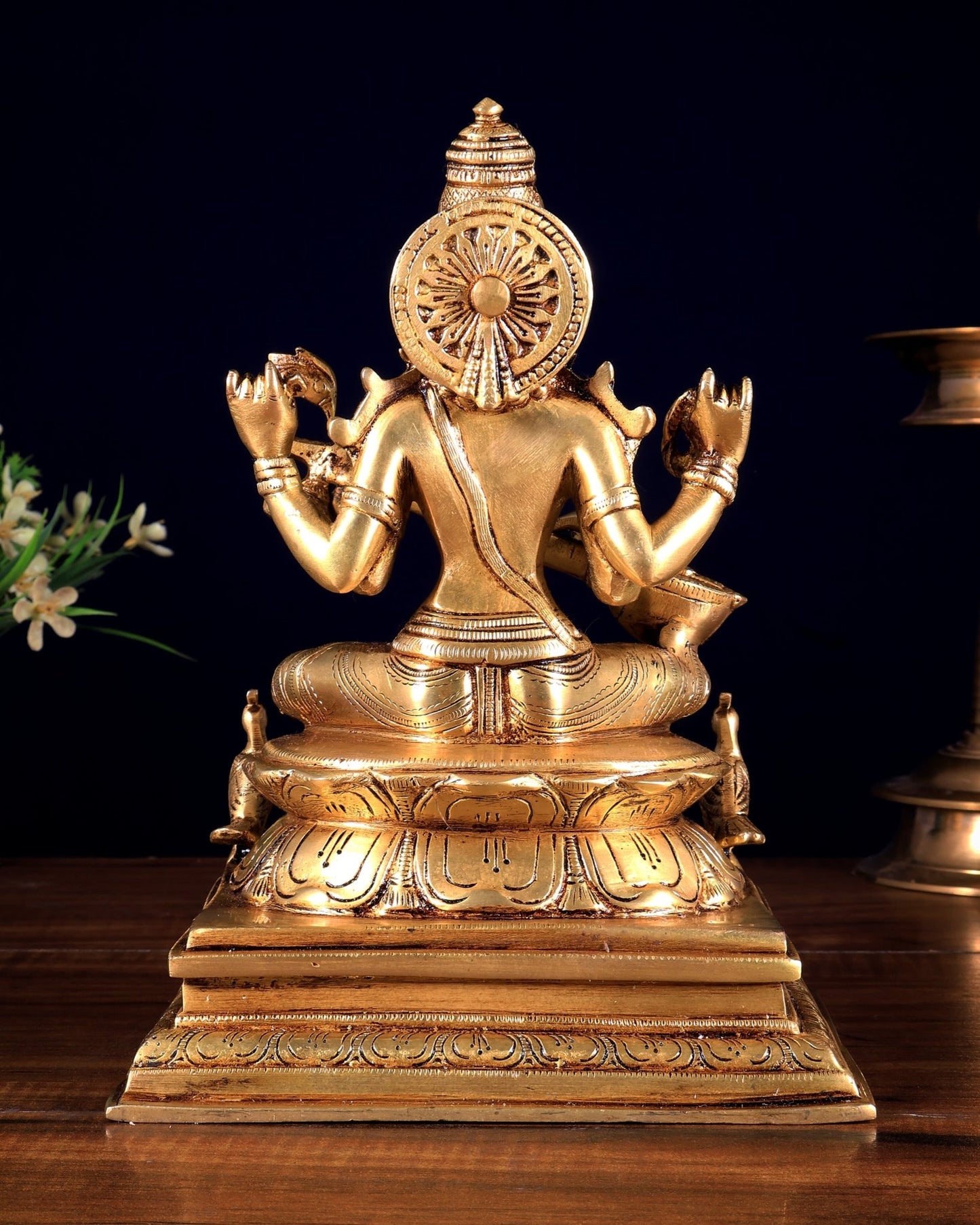 Brass Saraswati Idol in Cross - Legged Posture with Swans 9 inch - Budhshiv.com