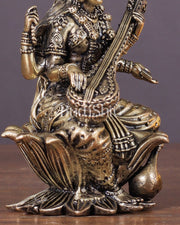 Brass Saraswati Idol Seated on Lotus 4 inch - Budhshiv.com