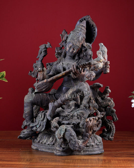 Brass Saraswati Idol Vintage - 16" Divine Sculpture - Budhshiv.com