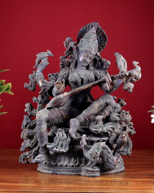 Brass Saraswati Idol Vintage - 16" Divine Sculpture - Budhshiv.com
