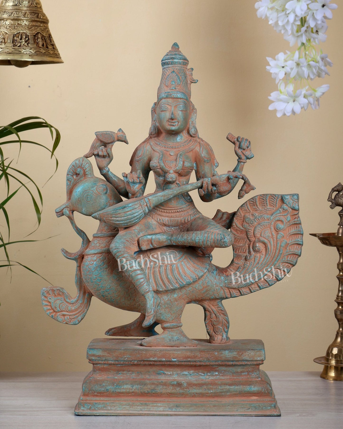 Brass Saraswati on swan Statue sand finish | 20" - Budhshiv.com
