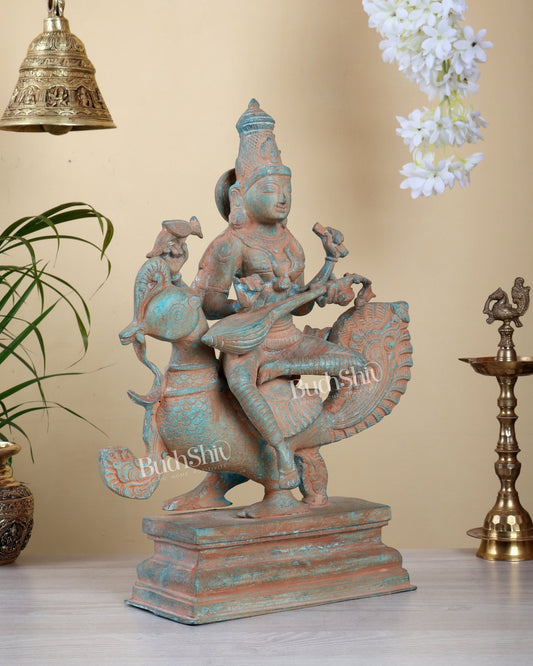 Brass Saraswati on swan Statue sand finish | 20" - Budhshiv.com