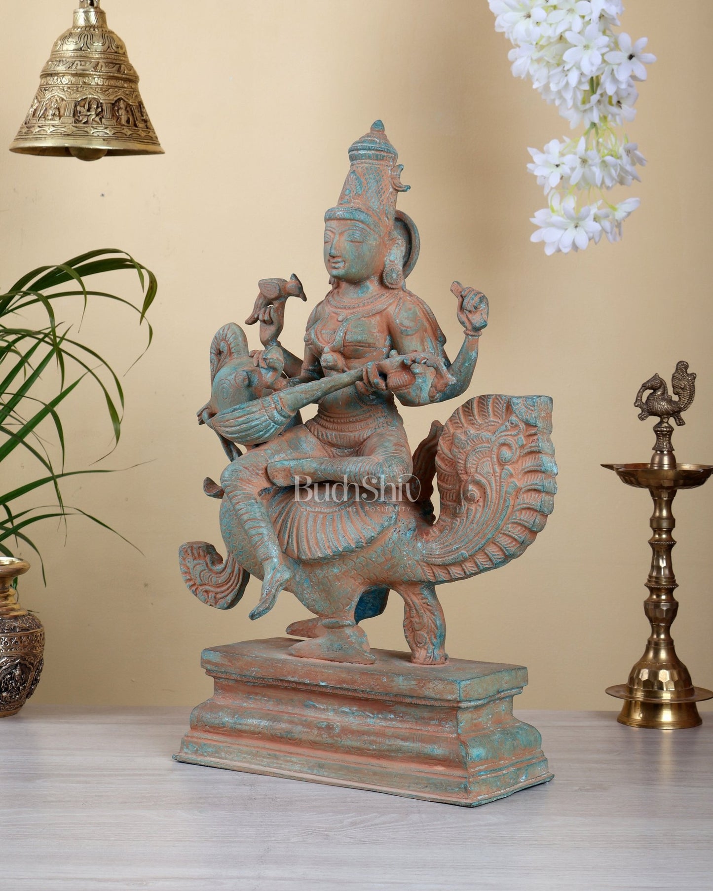Brass Saraswati on swan Statue sand finish | 20" - Budhshiv.com