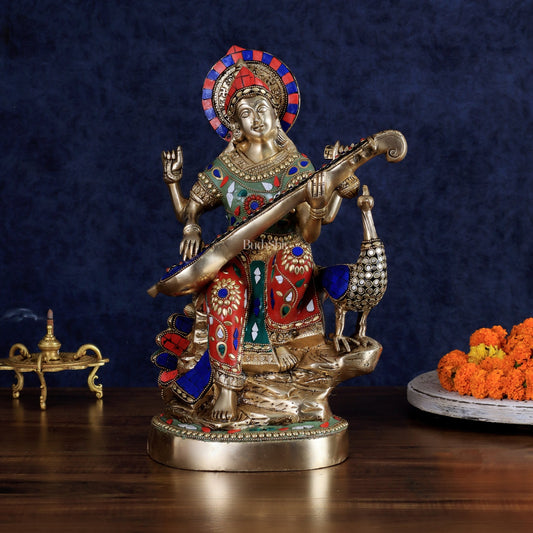 Brass Saraswati Sitting on Swan Idol - 15 Inch - Budhshiv.com