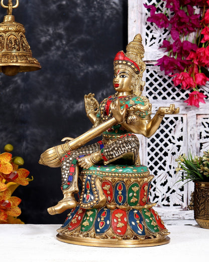 Brass Saraswati Statue | 14.5" Height meenakari - Budhshiv.com