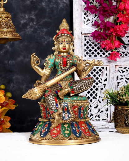 Brass Saraswati Statue | 14.5" Height meenakari - Budhshiv.com