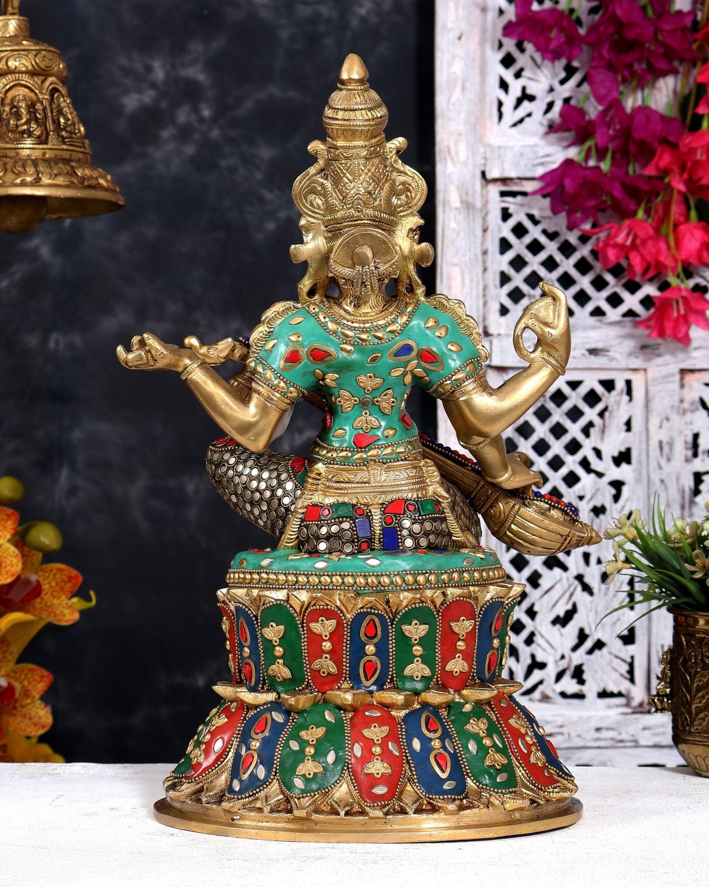 Brass Saraswati Statue | 14.5" Height meenakari - Budhshiv.com
