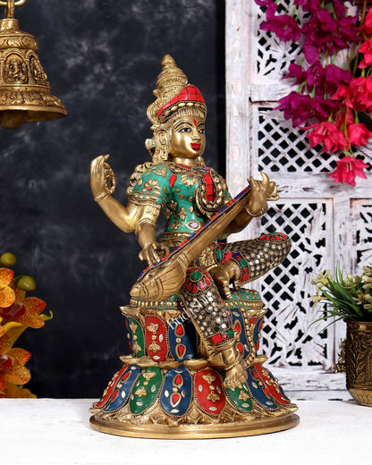 Brass Saraswati Statue | 14.5" Height meenakari - Budhshiv.com