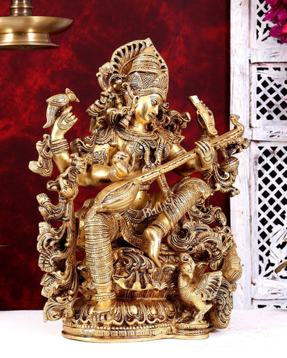 Brass Saraswati statue highly detailed statue 16 inch - Budhshiv.com