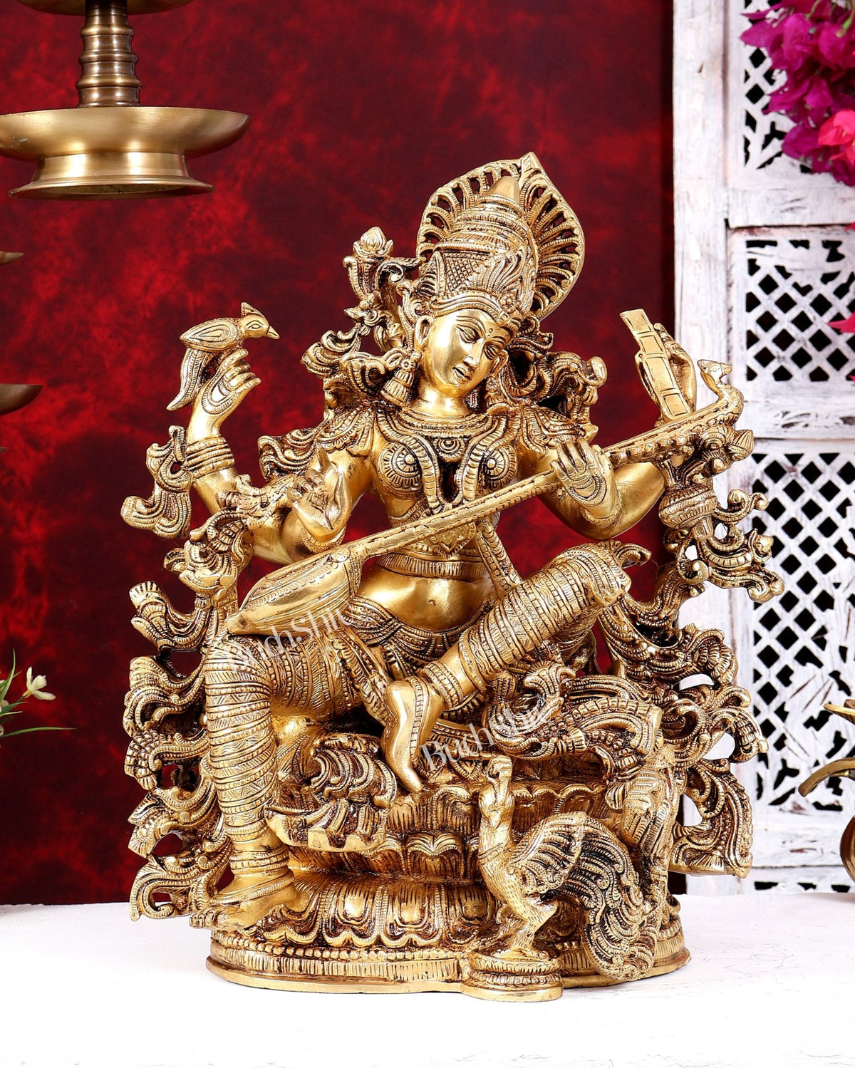 Brass Saraswati statue highly detailed statue 16 inch - Budhshiv.com