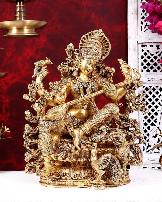 Brass Saraswati statue highly detailed statue 16 inch - Budhshiv.com