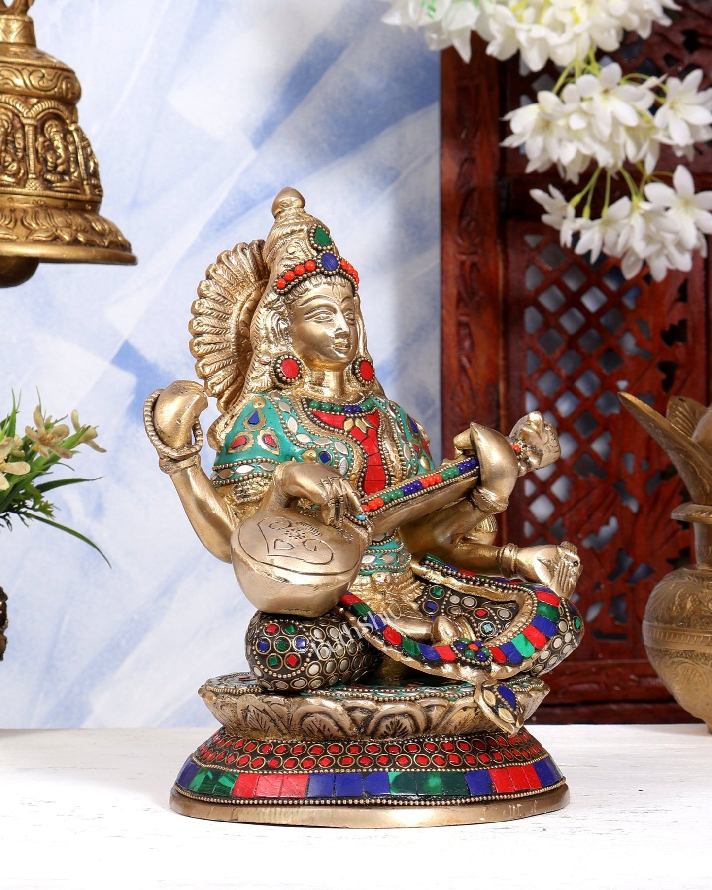 Brass Saraswati Statue With unique stonework 9 inch - Budhshiv.com