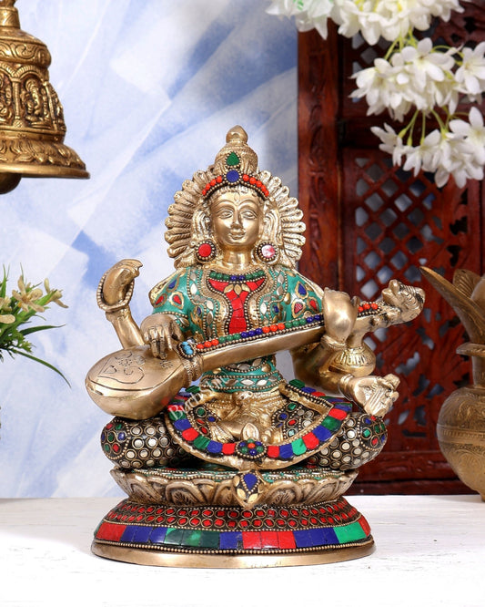 Brass Saraswati Statue With unique stonework 9 inch - Budhshiv.com