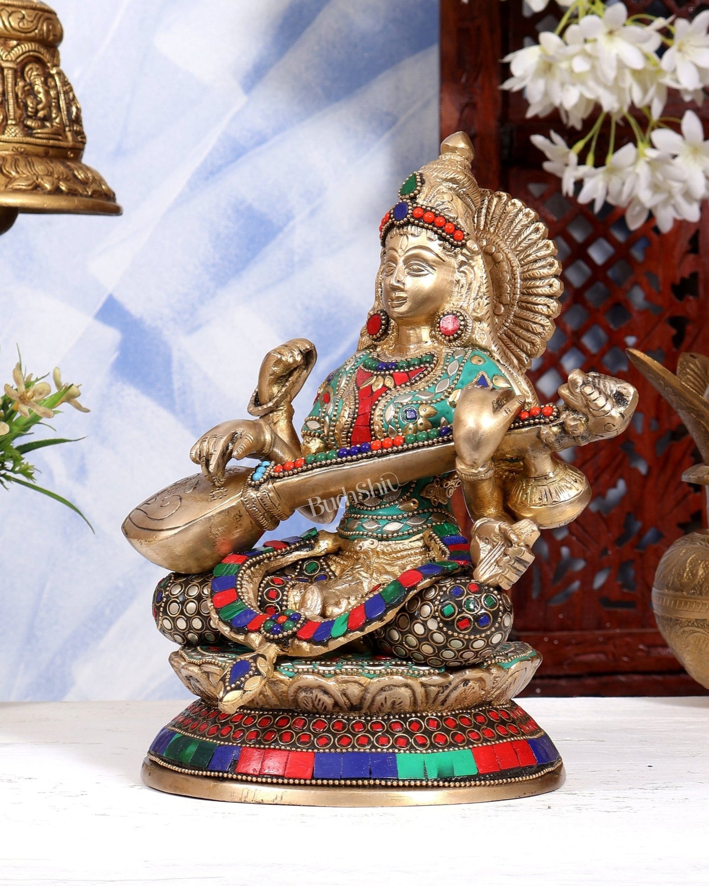 Brass Saraswati Statue With unique stonework 9 inch - Budhshiv.com