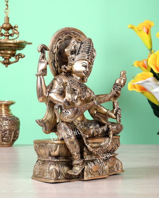 Brass Saraswati with Blessing Hand – Unique Sculpture (11 inch, 5.56 Kg) - Budhshiv.com