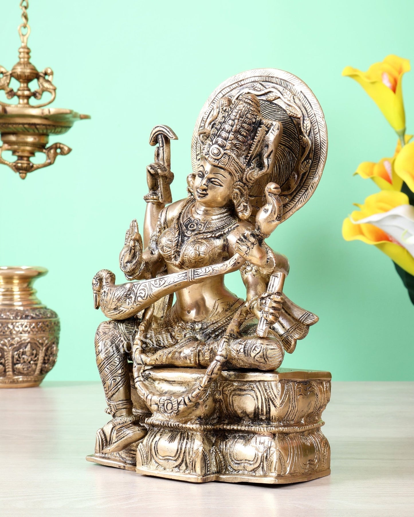 Brass Saraswati with Blessing Hand – Unique Sculpture (11 inch, 5.56 Kg) - Budhshiv.com