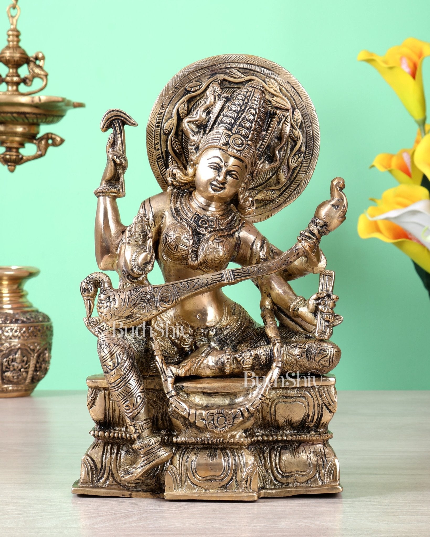 Brass Saraswati with Blessing Hand – Unique Sculpture (11 inch, 5.56 Kg) - Budhshiv.com