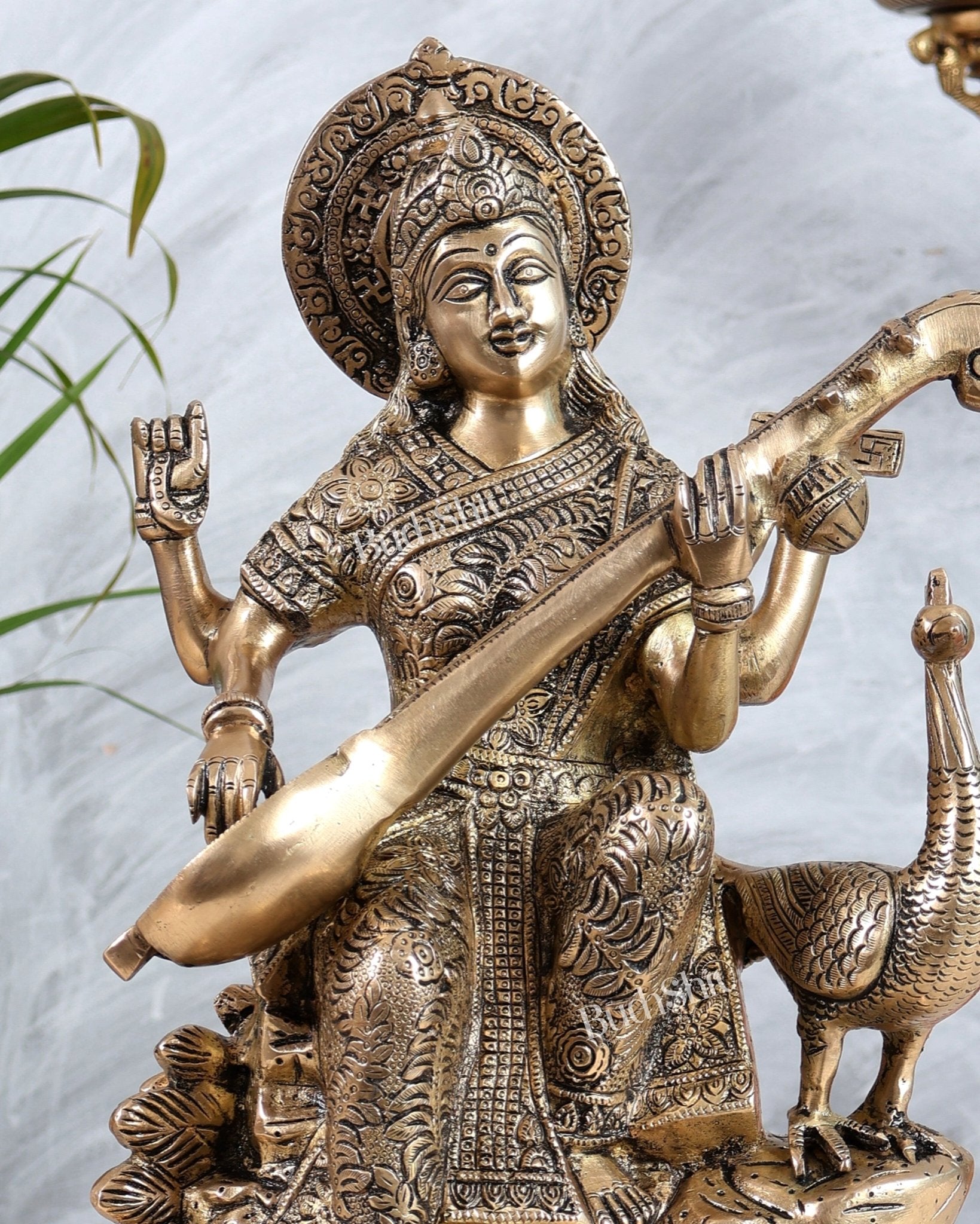 Brass Saraswati With swan idol - 15 Inch matte finish - Budhshiv.com