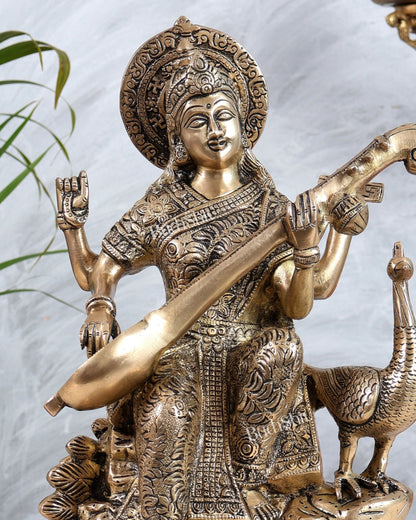 Brass Saraswati With swan idol - 15 Inch matte finish - Budhshiv.com