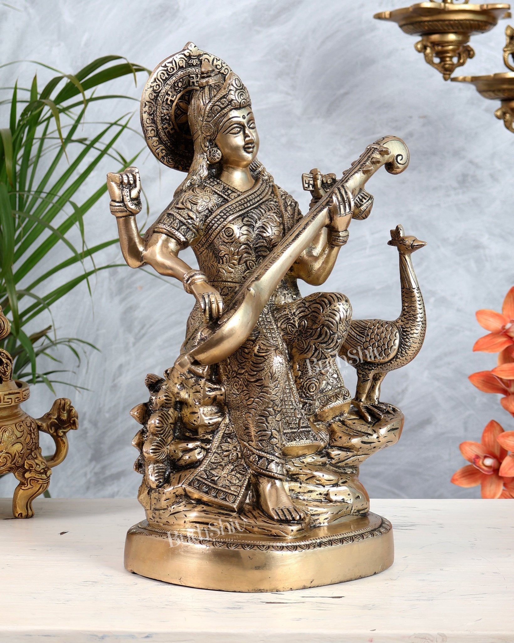 Brass Saraswati With swan idol - 15 Inch matte finish - Budhshiv.com