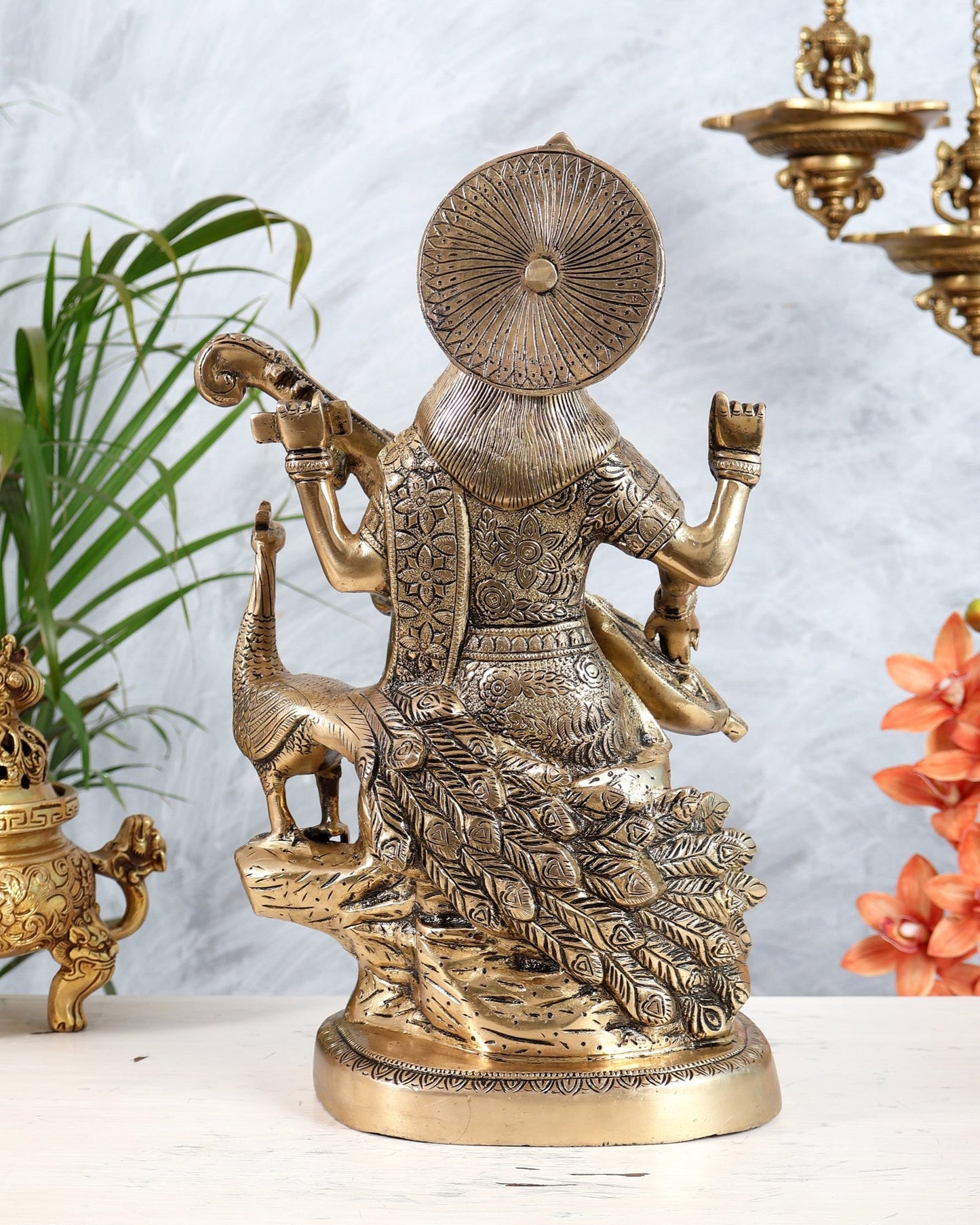 Brass Saraswati With swan idol - 15 Inch matte finish - Budhshiv.com