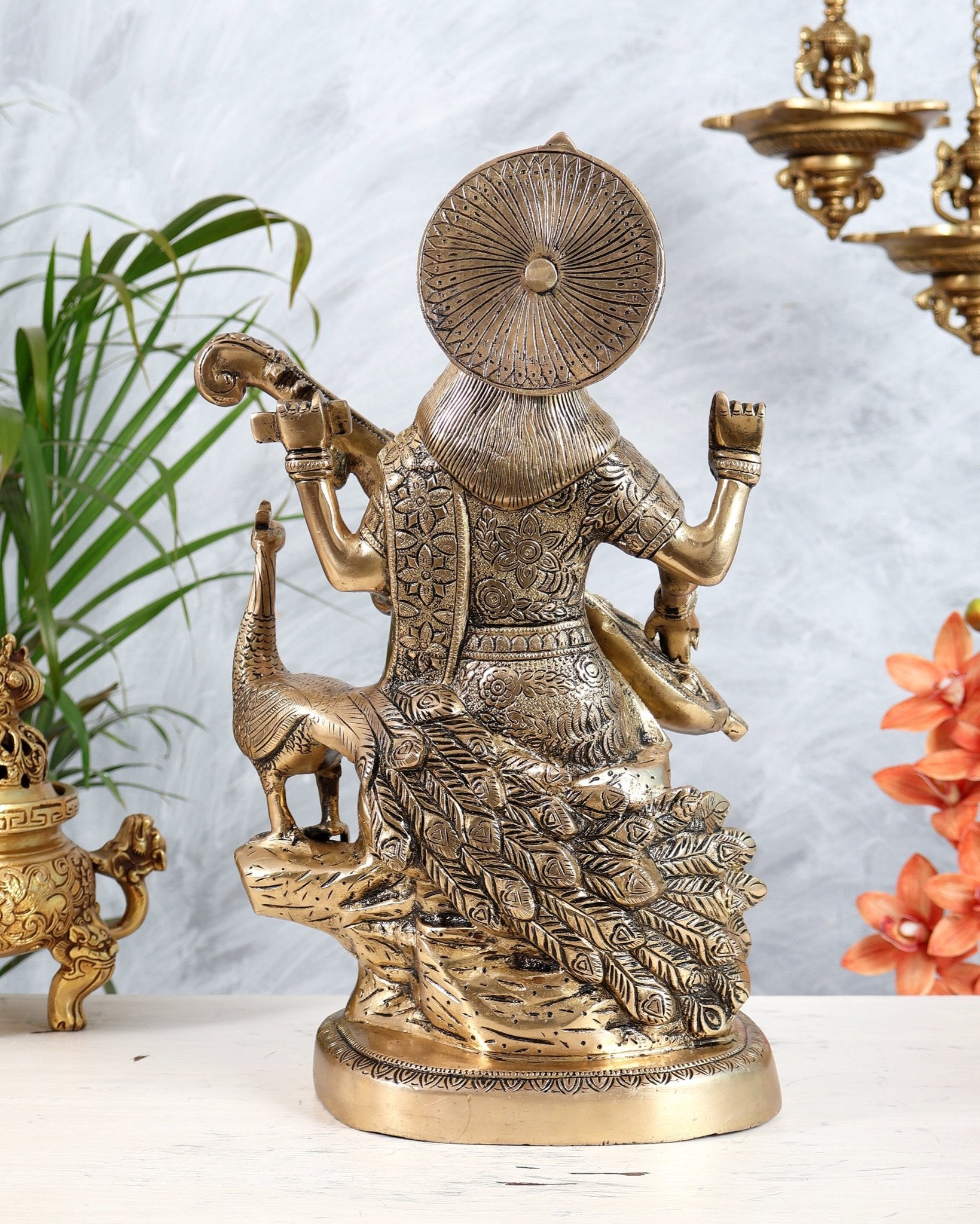 Brass Saraswati With swan idol - 15 Inch matte finish - Budhshiv.com