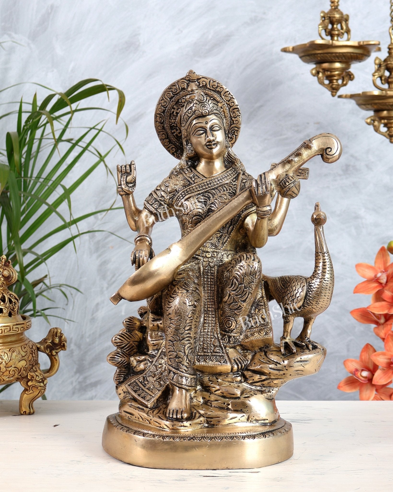 Brass Saraswati With swan idol - 15 Inch matte finish - Budhshiv.com
