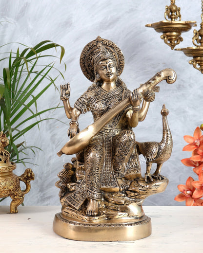 Brass Saraswati With swan idol - 15 Inch matte finish - Budhshiv.com