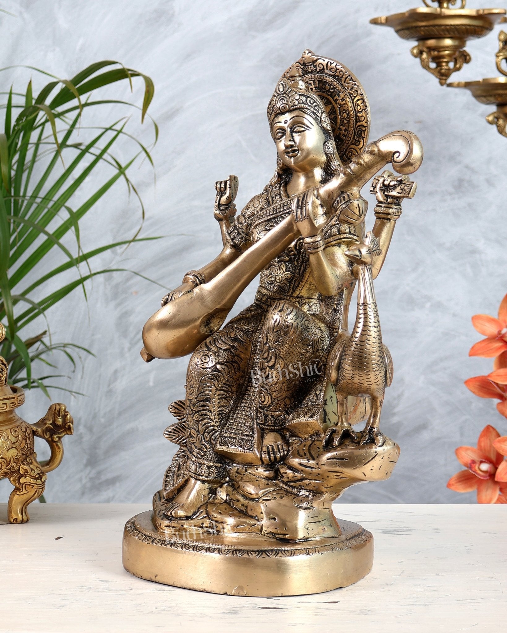 Brass Saraswati With swan idol - 15 Inch matte finish - Budhshiv.com