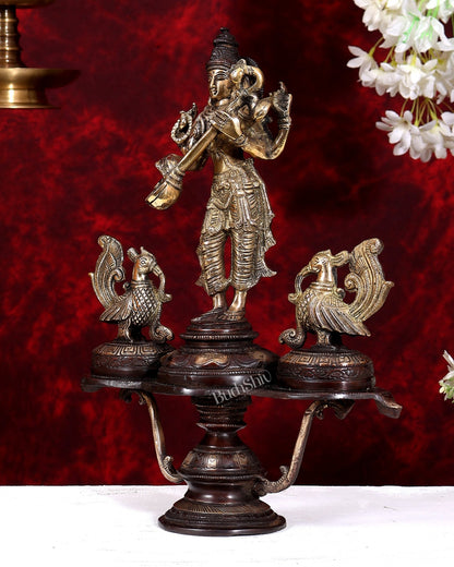Brass Saraswati with Two Swans — Unique Statue 14.5 inch dual tone - Budhshiv.com