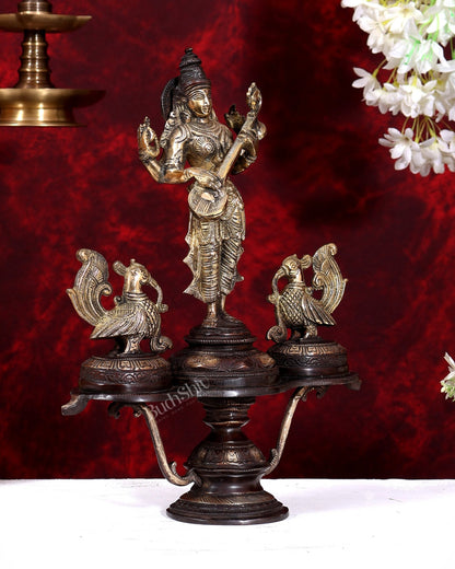 Brass Saraswati with Two Swans — Unique Statue 14.5 inch dual tone - Budhshiv.com