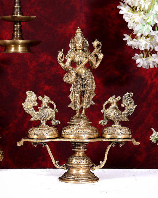 Brass Saraswati with Two Swans — Unique Statue 14.5 inch - Budhshiv.com