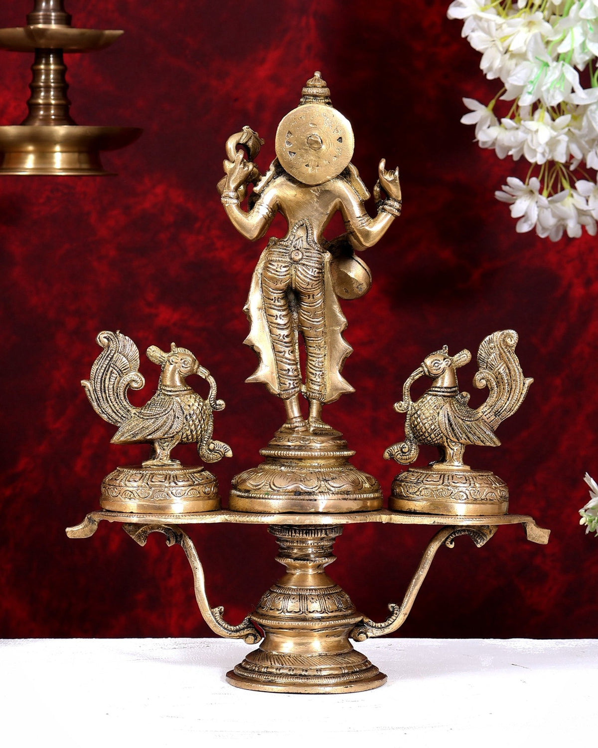 Brass Saraswati with Two Swans — Unique Statue 14.5 inch - Budhshiv.com