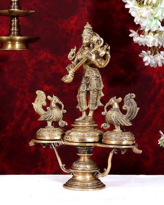 Brass Saraswati with Two Swans — Unique Statue 14.5 inch - Budhshiv.com