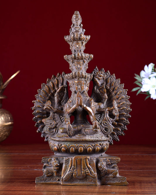 Brass Seated Avalokiteshvara with Many Heads and Hands 9 inch rustic copper tone - Budhshiv.com
